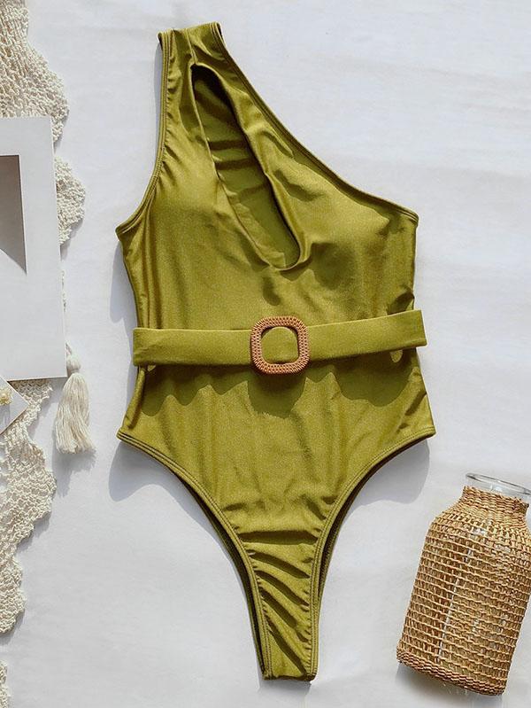 One-Shoulder Hollow Belted One-Piece Swimwear