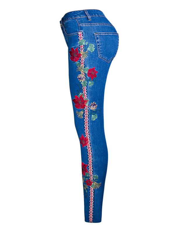 Embroidered Elastic Jeans Pants Bottoms