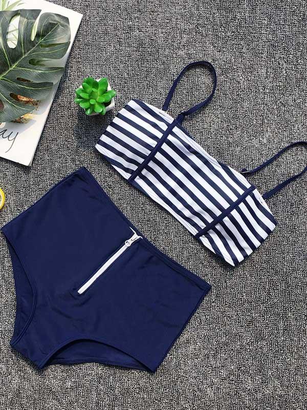 Zipper Stripe High Waist Bikini Swimsuit