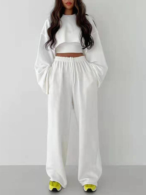 Stylish Solid Color Long Sleeve Cropped Sweatershirt+Wide-Leg Pants Three-Piece Suit