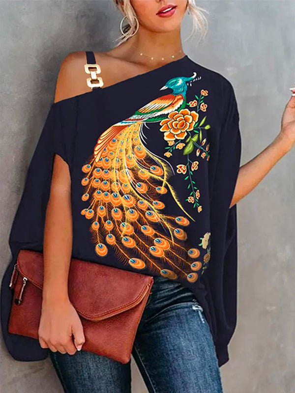 Original Asymmetric One-Shoulder Peacock Printed Top