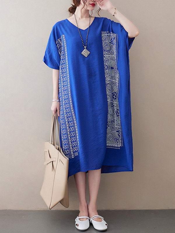 National Printed Batwing Sleeves Round-Neck Loose Midi Dress