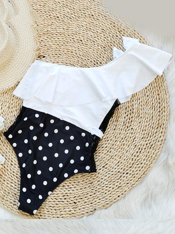 Polka Dot Bow-Embellished Falbala One Shoulder One-Piece Swimsuit