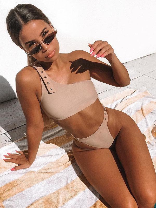 One-shoulder Plain Bikini Swimsuit