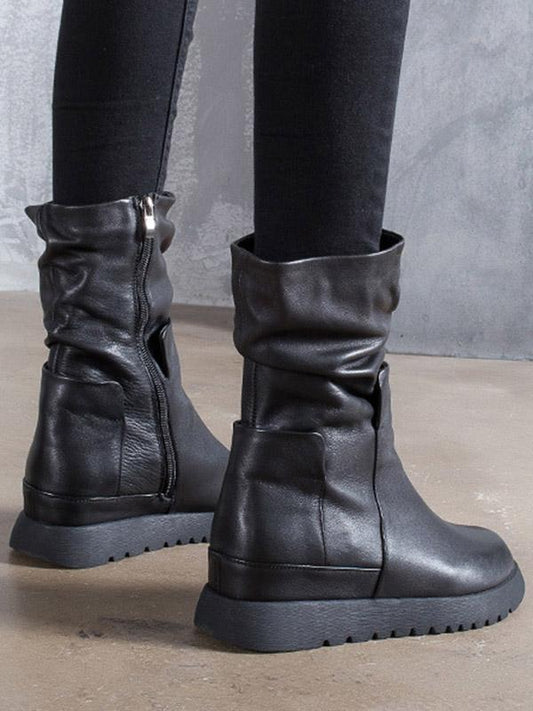 Black Fold Zipper Cow Leather Short Boots