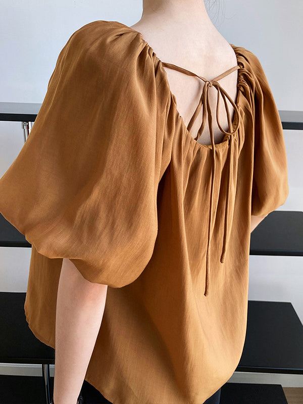 Original Off-The-Shoulder Solid Color Pleated Puff Sleeves Tunic Top