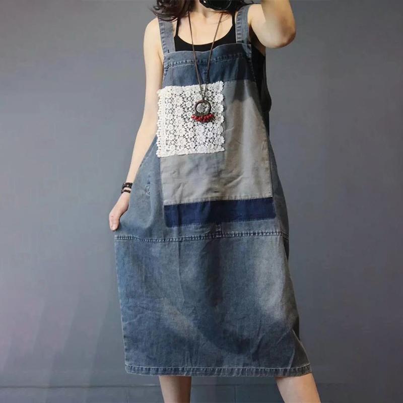 Denim Spliced Patchwork Washed Suspenders Dress