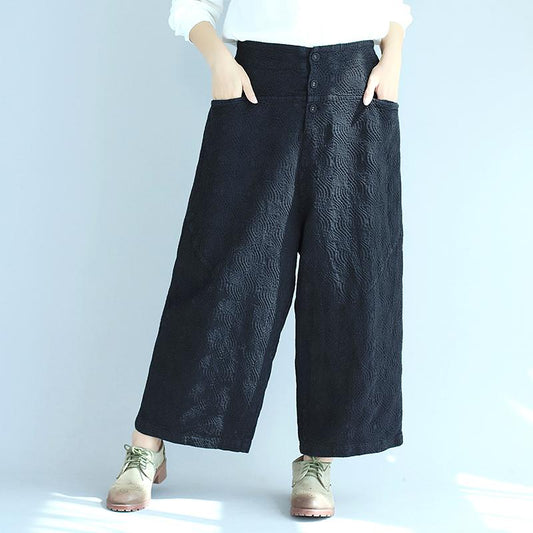 Cotton Women Casual Loose Jacquard Black Wide Leg Pants