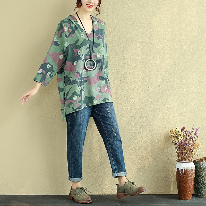 Women Hoodies Three Quarter Sleeve Printing Green Shirt