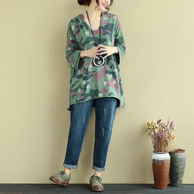 Women Hoodies Three Quarter Sleeve Printing Green Shirt