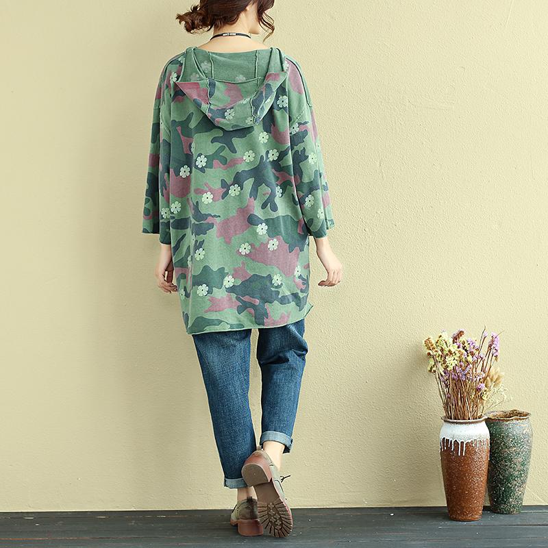 Women Hoodies Three Quarter Sleeve Printing Green Shirt