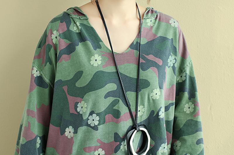 Women Hoodies Three Quarter Sleeve Printing Green Shirt