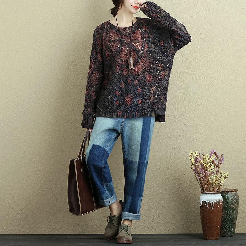 Women Spring Autumn Long Sleeve Printing Open-Knitting Sweater Shirt