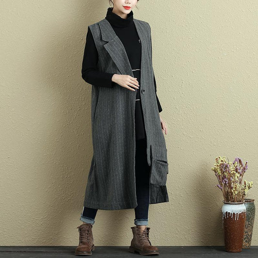 Women Spring Autumn Sleeveless Stripe Pockets Irregular Gray Long Vest