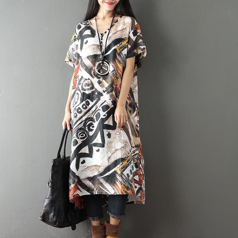 Women Printed Retro Casual Loose Short Sleeve Dress