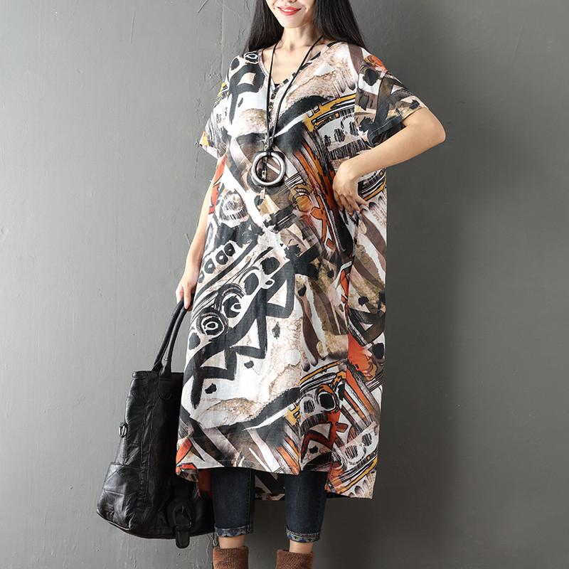 Women Printed Retro Casual Loose Short Sleeve Dress