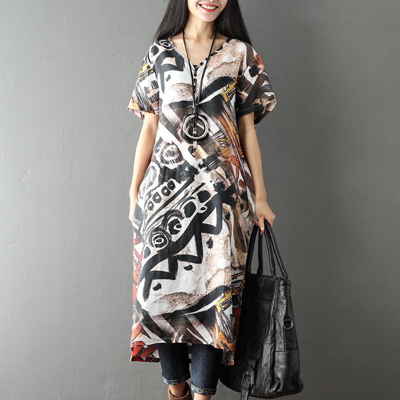 Women Printed Retro Casual Loose Short Sleeve Dress