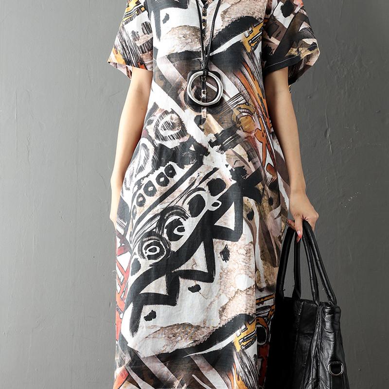 Women Printed Retro Casual Loose Short Sleeve Dress