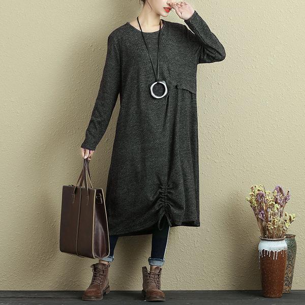 Women Long Sleeve Pleated Drawstring Casual Dress