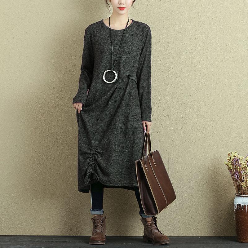 Women Long Sleeve Pleated Drawstring Casual Dress