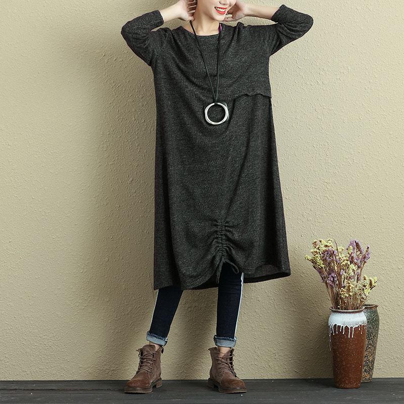 Women Long Sleeve Pleated Drawstring Casual Dress