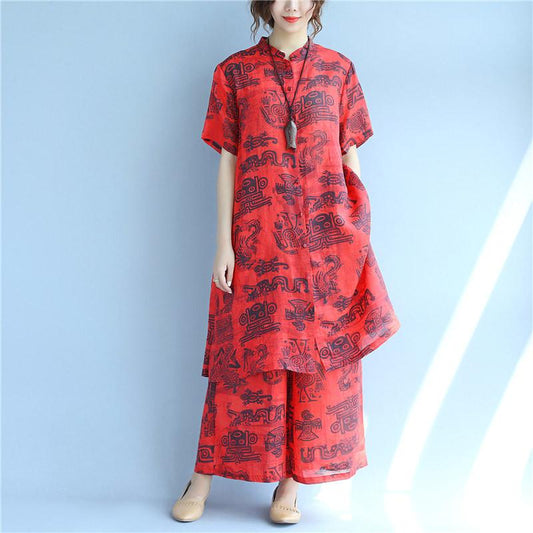 Casual Print Linen Women Red Suits(Shirt+Pants)