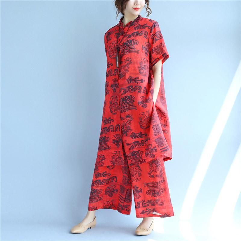 Casual Print Linen Women Red Suits(Shirt+Pants)