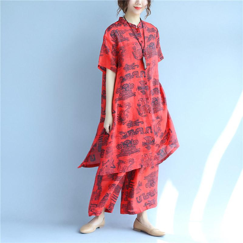 Casual Print Linen Women Red Suits(Shirt+Pants)