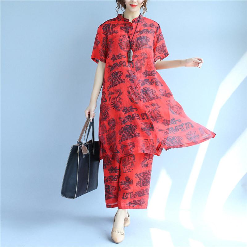 Casual Print Linen Women Red Suits(Shirt+Pants)