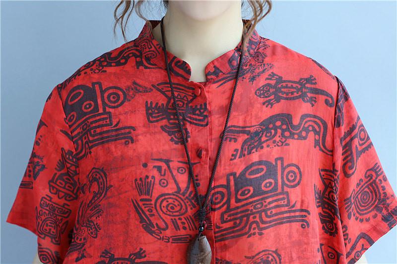 Casual Print Linen Women Red Suits(Shirt+Pants)