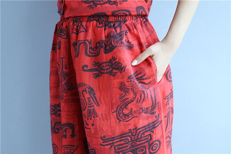 Casual Print Linen Women Red Suits(Shirt+Pants)