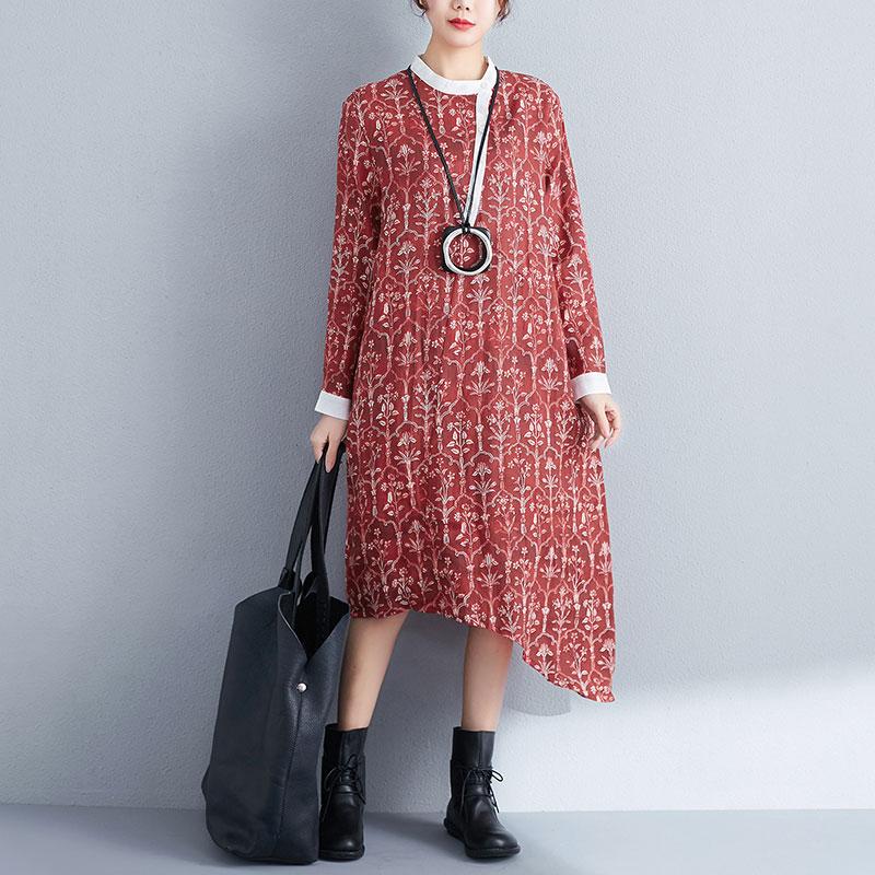 Printed Stand Collar Autumn Women Long Sleeve Red Dress