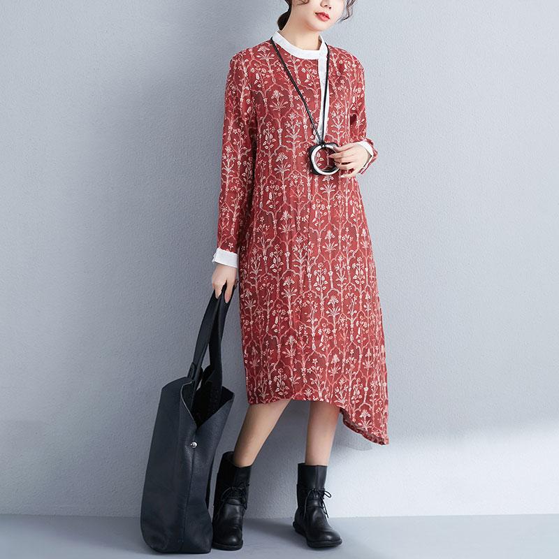 Printed Stand Collar Autumn Women Long Sleeve Red Dress