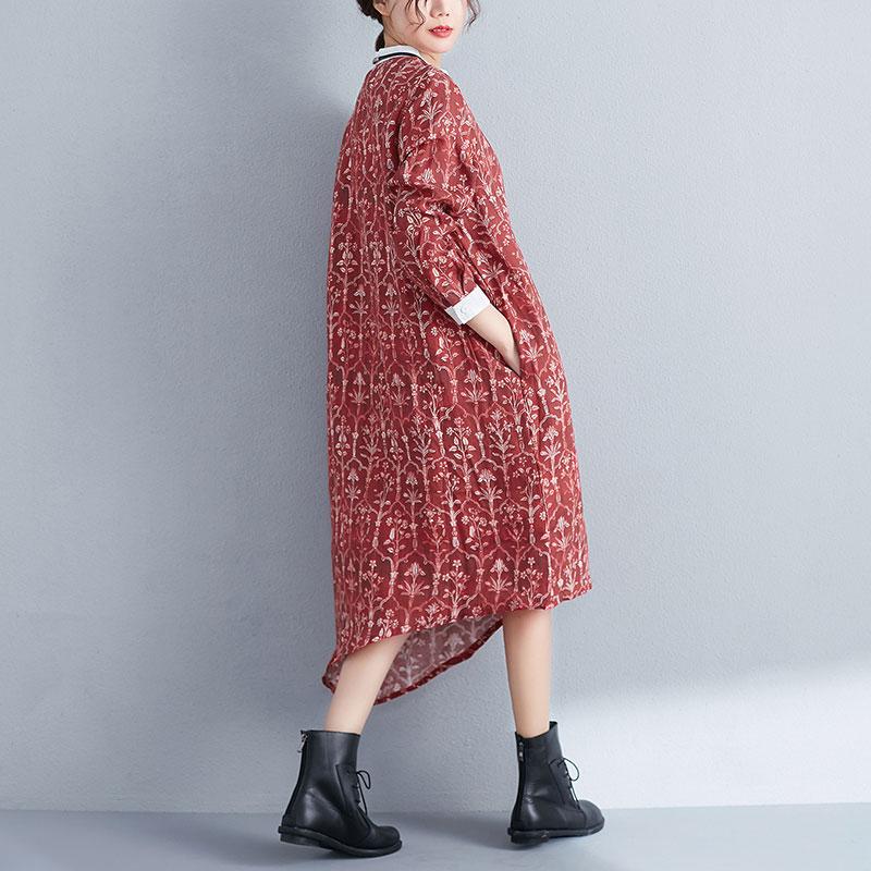 Printed Stand Collar Autumn Women Long Sleeve Red Dress