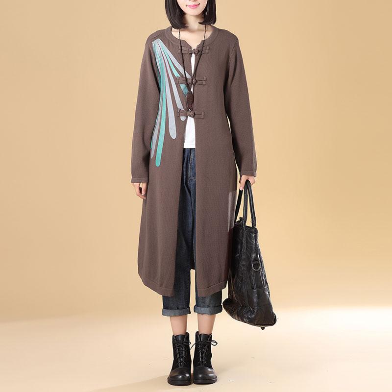 Women Patchwork Printing Coffee Cardigan Knitted Sweater Coat