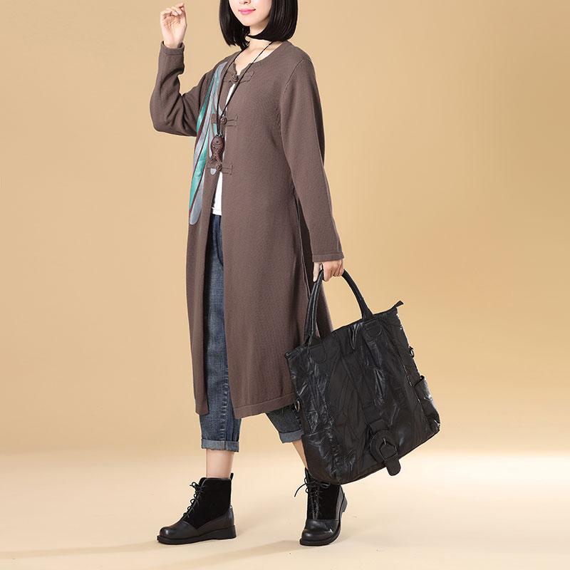 Women Patchwork Printing Coffee Cardigan Knitted Sweater Coat