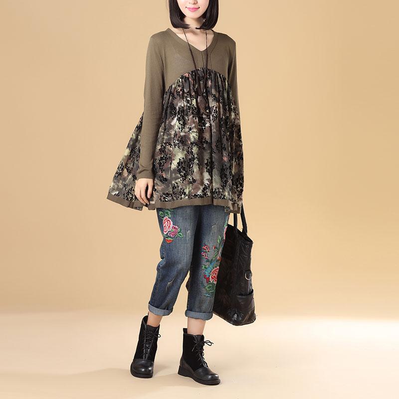 Women Autumn V Neck Long Sleeve Splicing Printing Coffee Sweater Dress