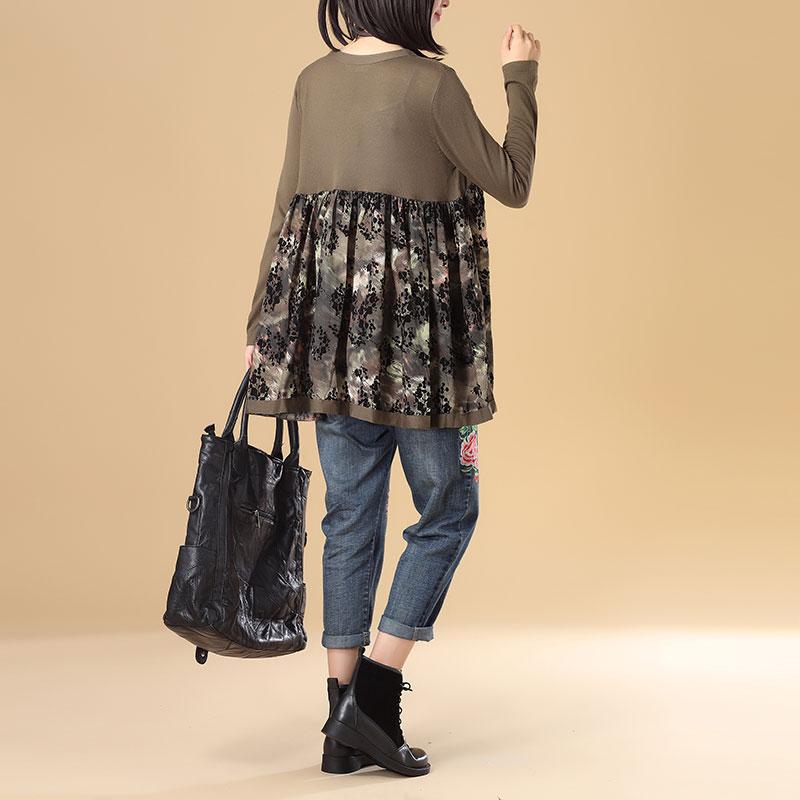 Women Autumn V Neck Long Sleeve Splicing Printing Coffee Sweater Dress