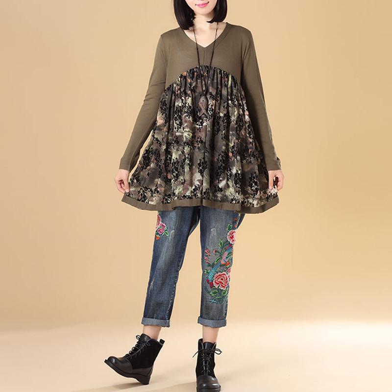 Women Autumn V Neck Long Sleeve Splicing Printing Coffee Sweater Dress