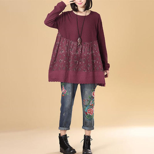 Women Round Neck Long Sleeve Splicing Printing Wine Red Sweater Dress