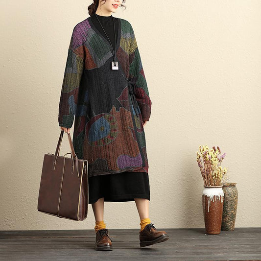 Lacing Long Sleeve Printing Open-Knitting Cardigan Coat