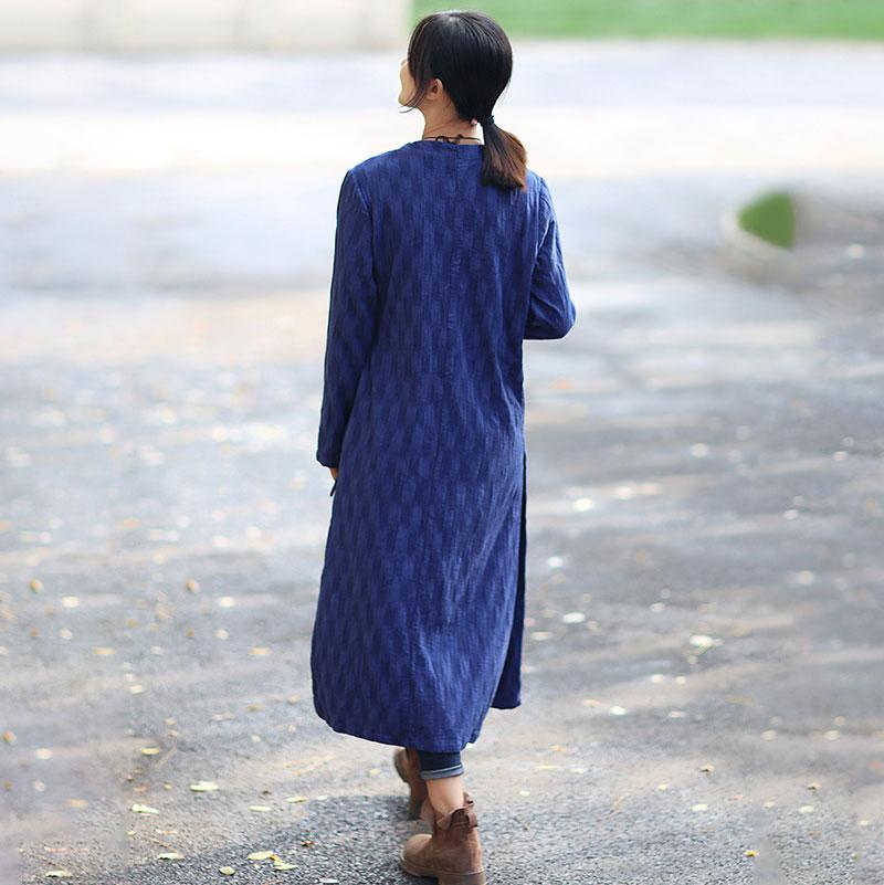 Chic Jacquard V Neck Long Sleeve Lacing Blue Dress For Women