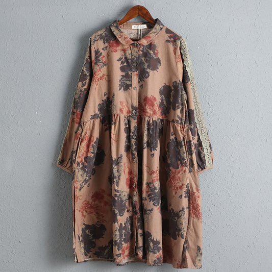 Women Printing Dress Long Sleeve Spring Cotton Dress