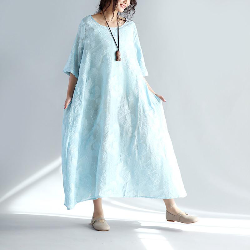 Women Spring Round Neck Embroidered Loose Blue Dress