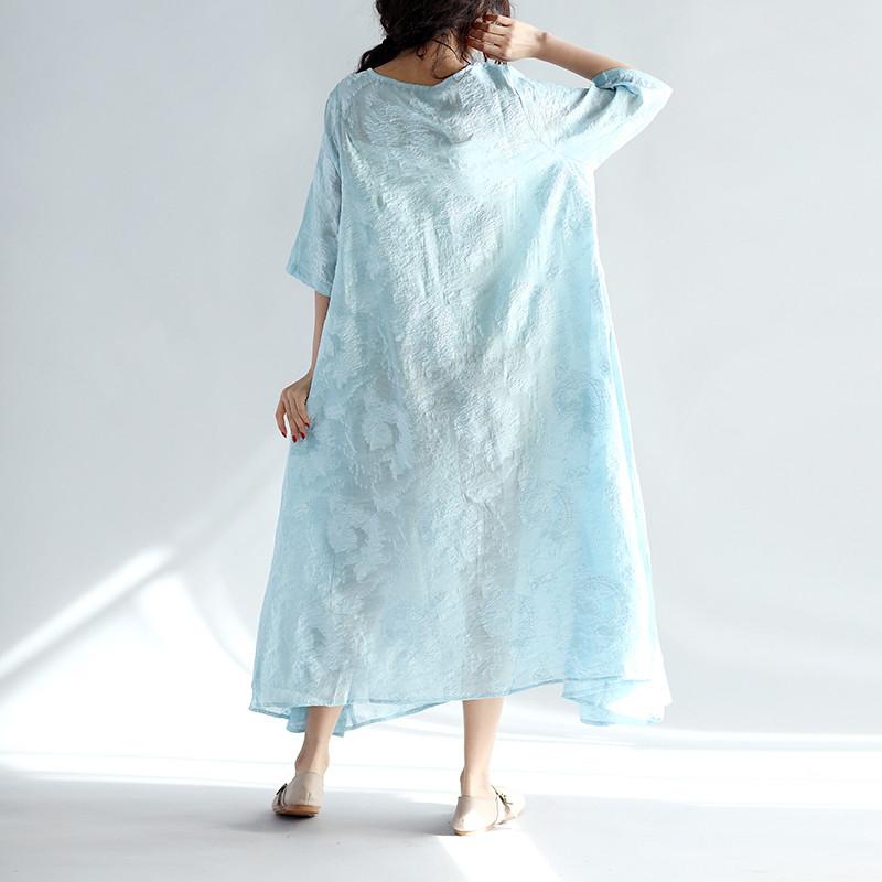 Women Spring Round Neck Embroidered Loose Blue Dress