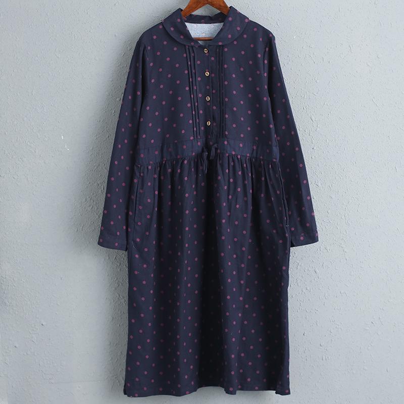 Polo Collar Long Sleeve Cotton Linen Dots Dress