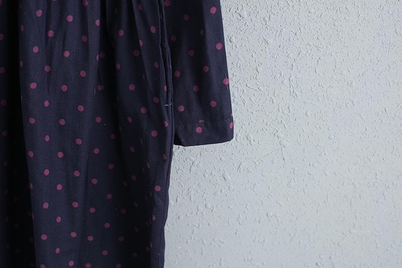 Polo Collar Long Sleeve Cotton Linen Dots Dress