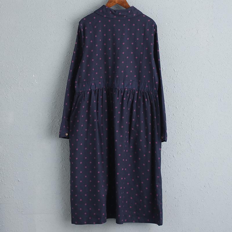 Polo Collar Long Sleeve Cotton Linen Dots Dress