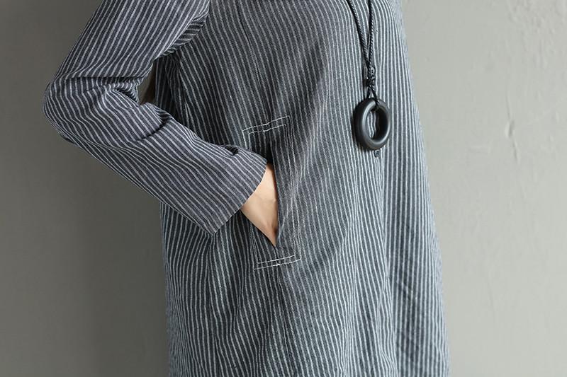 Women Spring Round Neck Stripe Single Breasted Shirt