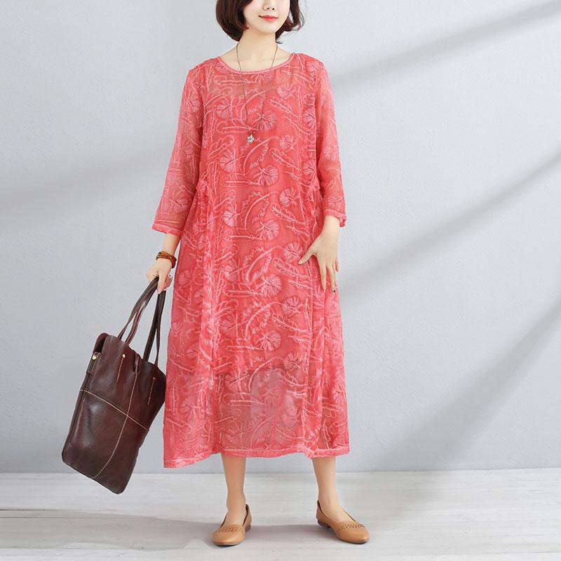 Spring Women Round Neck Three Quarter Sleeve Red Dress